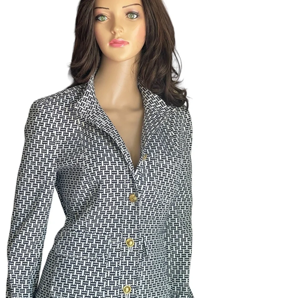 Tory Burch Cameron Crosshatch-print Jacket IvoryNavy with a Mandarin Collar SZ 2